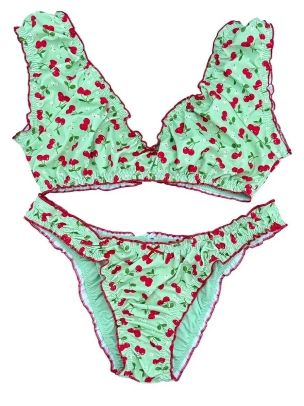 VS PINK x Frankies Bikinis Cherry Print Ruffle Bikini Set Mint Green M - Picture 2 of 3